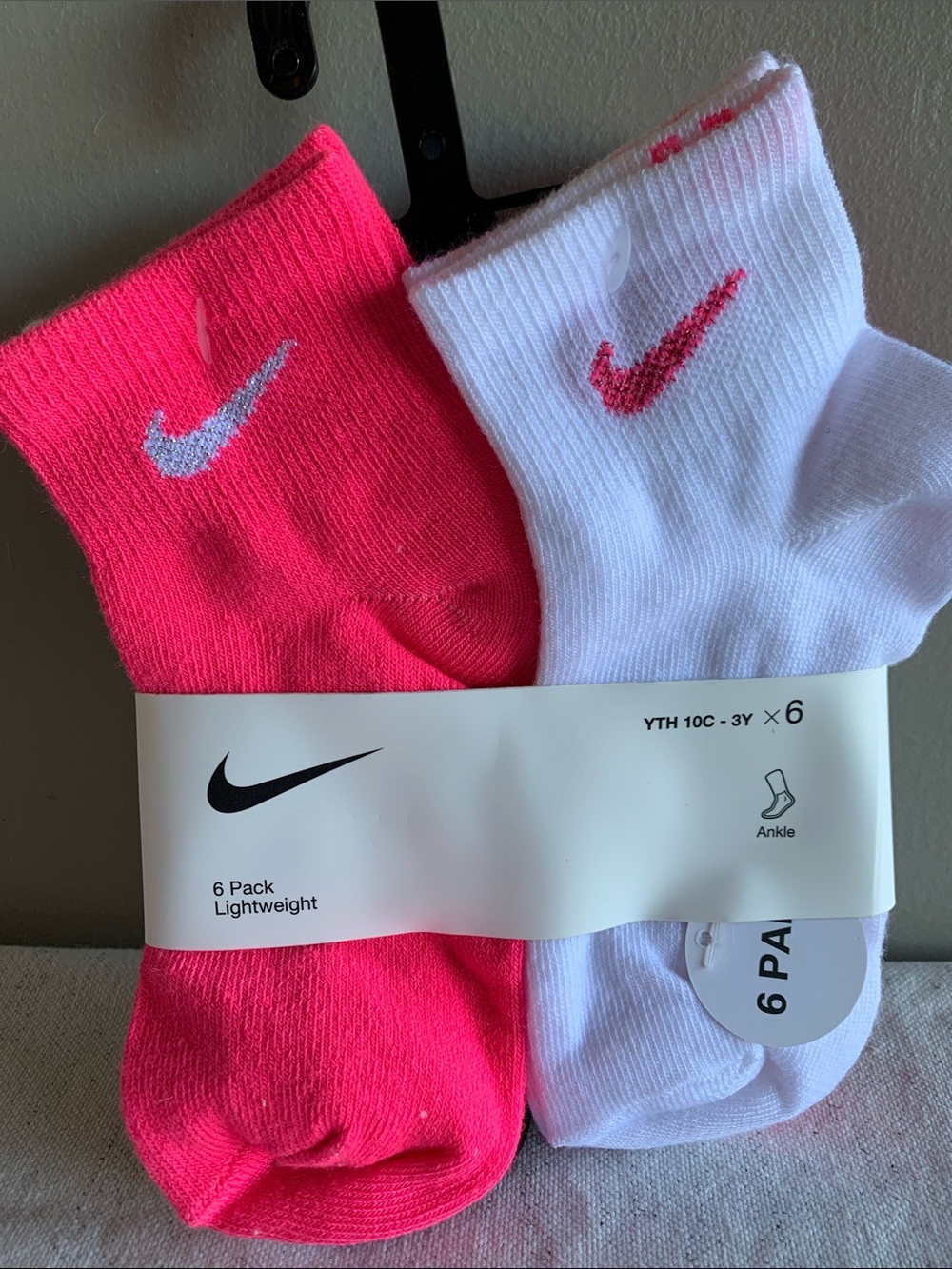 Nike Youth Ankle Socks - Hot Pink & White (6-Pack)